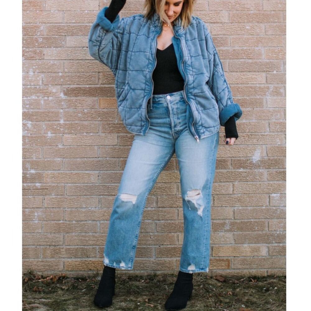 Free People Dolman Quilted Knit Jacket Oversized Coat sz S Denim Chambray Cotton - Picture 10 of 16